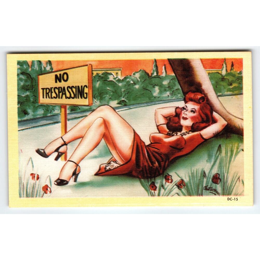 Vintage 1950s Linen Comic Postcard No Trespassing Redhead Woman DC-15